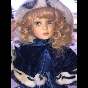 Collector's Choice Blonde Porcelain Doll Curly Hair 16" Blue Winter